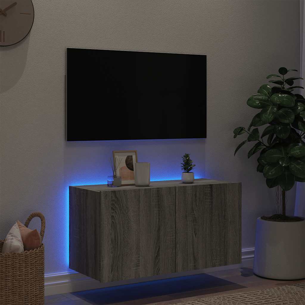 vidaXL Ścienna szafka TV z LED, szary dąb sonoma, 80x35x41 cm
