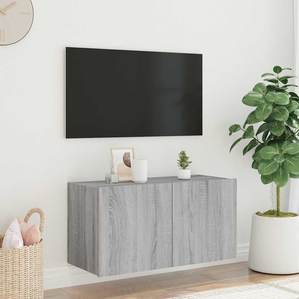 vidaXL Ścienna szafka TV z LED, szary dąb sonoma, 80x35x41 cm