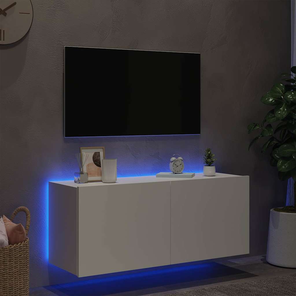 vidaXL Ścienna szafka TV z LED, biała, 100x35x41 cm
