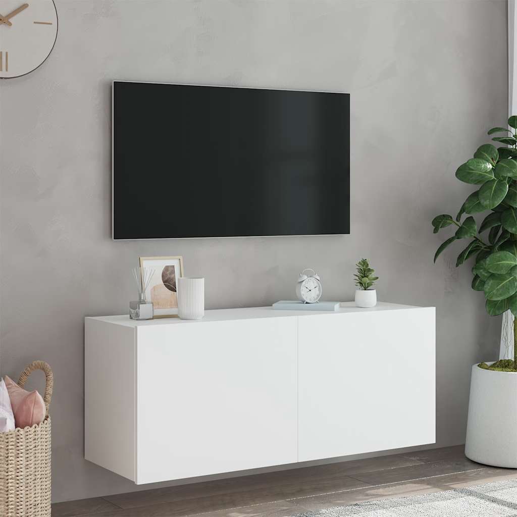 vidaXL Ścienna szafka TV z LED, biała, 100x35x41 cm