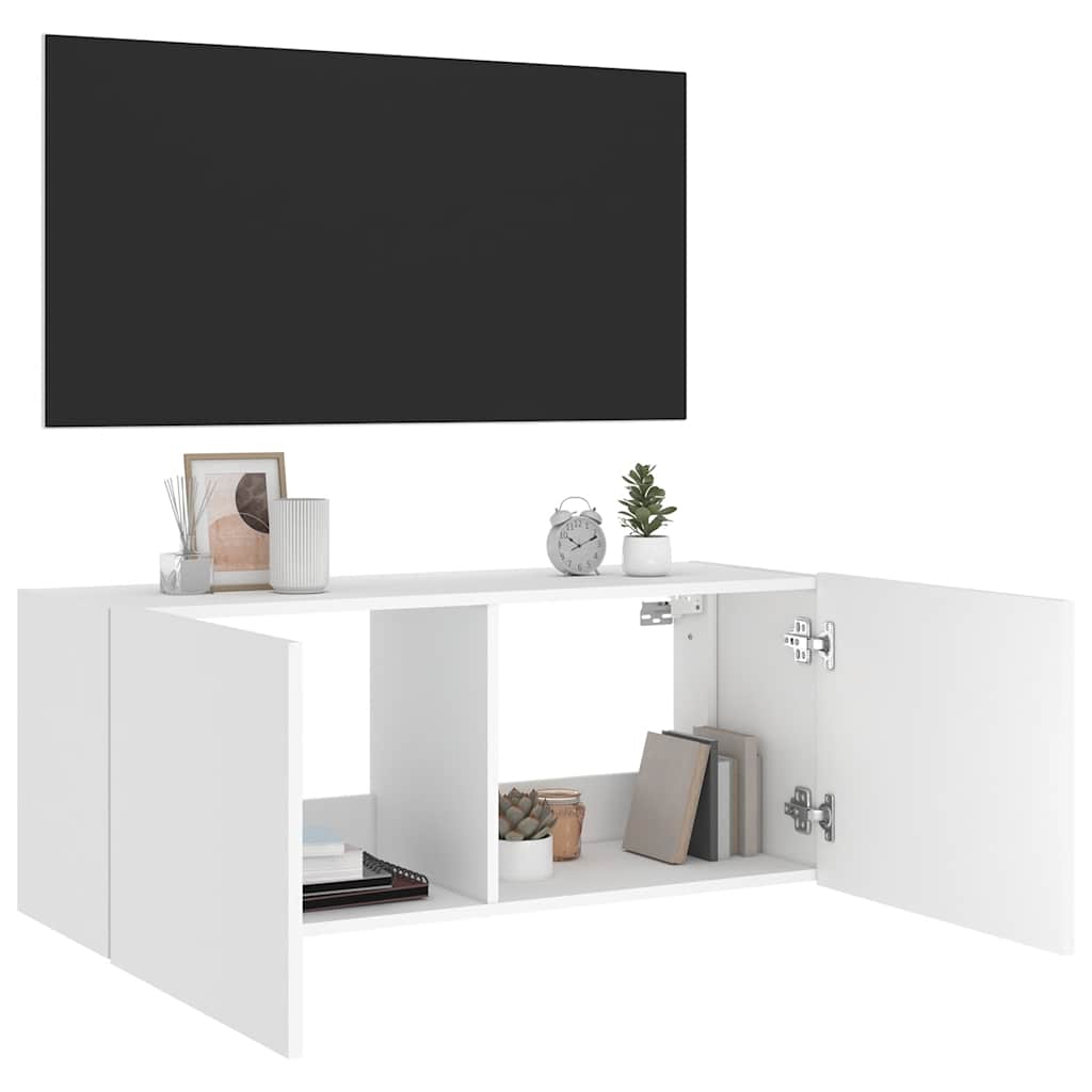 vidaXL Ścienna szafka TV z LED, biała, 100x35x41 cm