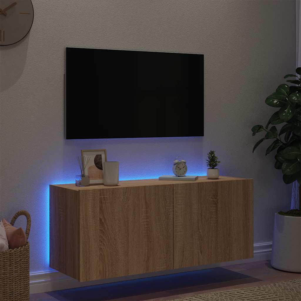 vidaXL Ścienna szafka TV z LED, dąb sonoma, 100x35x41 cm