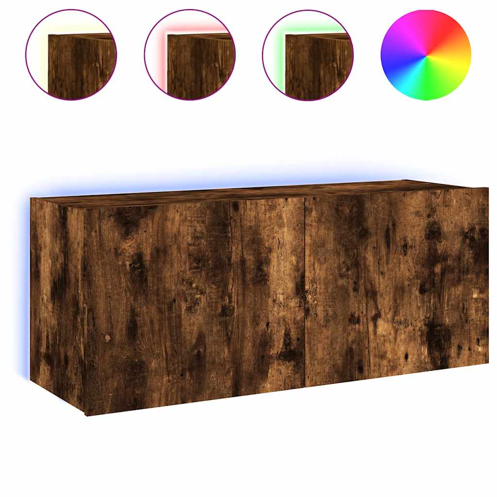 vidaXL Ścienna szafka TV z LED, przydymiony dąb, 100x35x41 cm