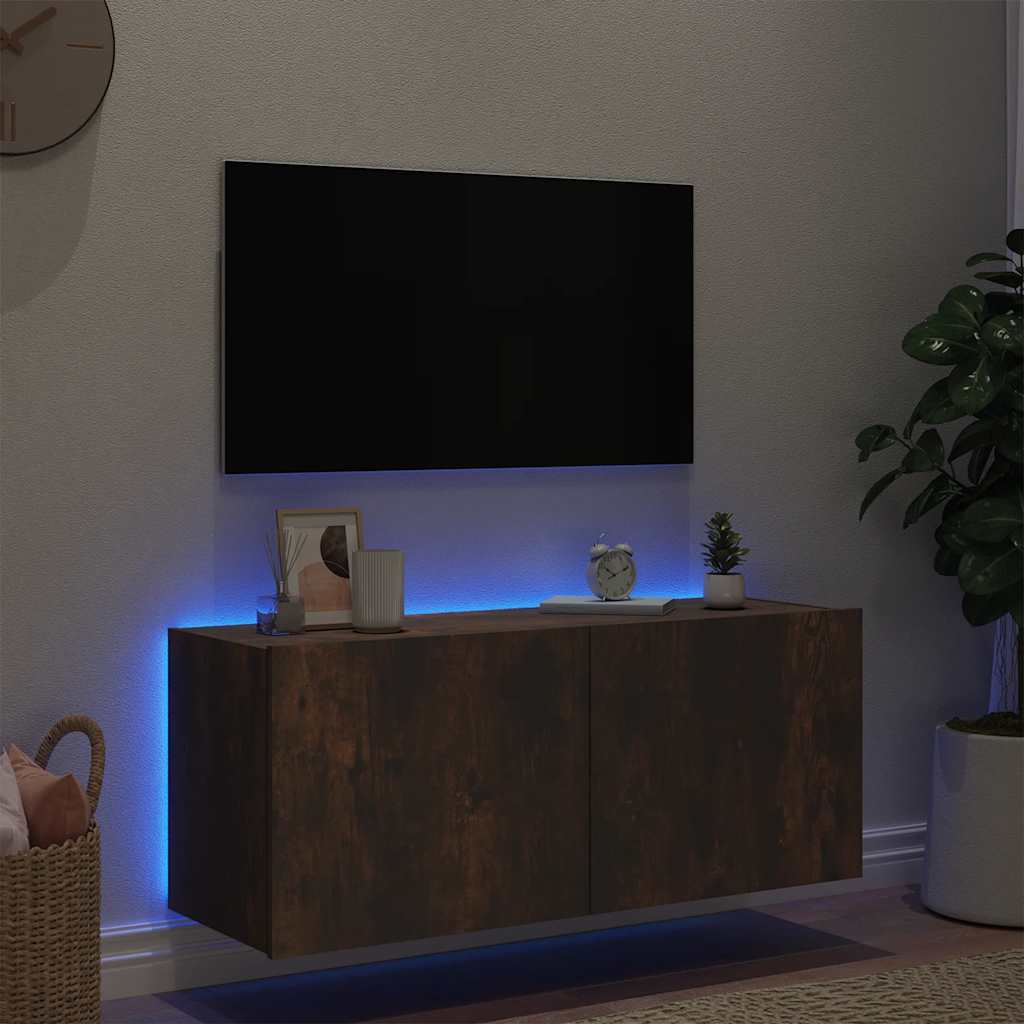 vidaXL Ścienna szafka TV z LED, przydymiony dąb, 100x35x41 cm