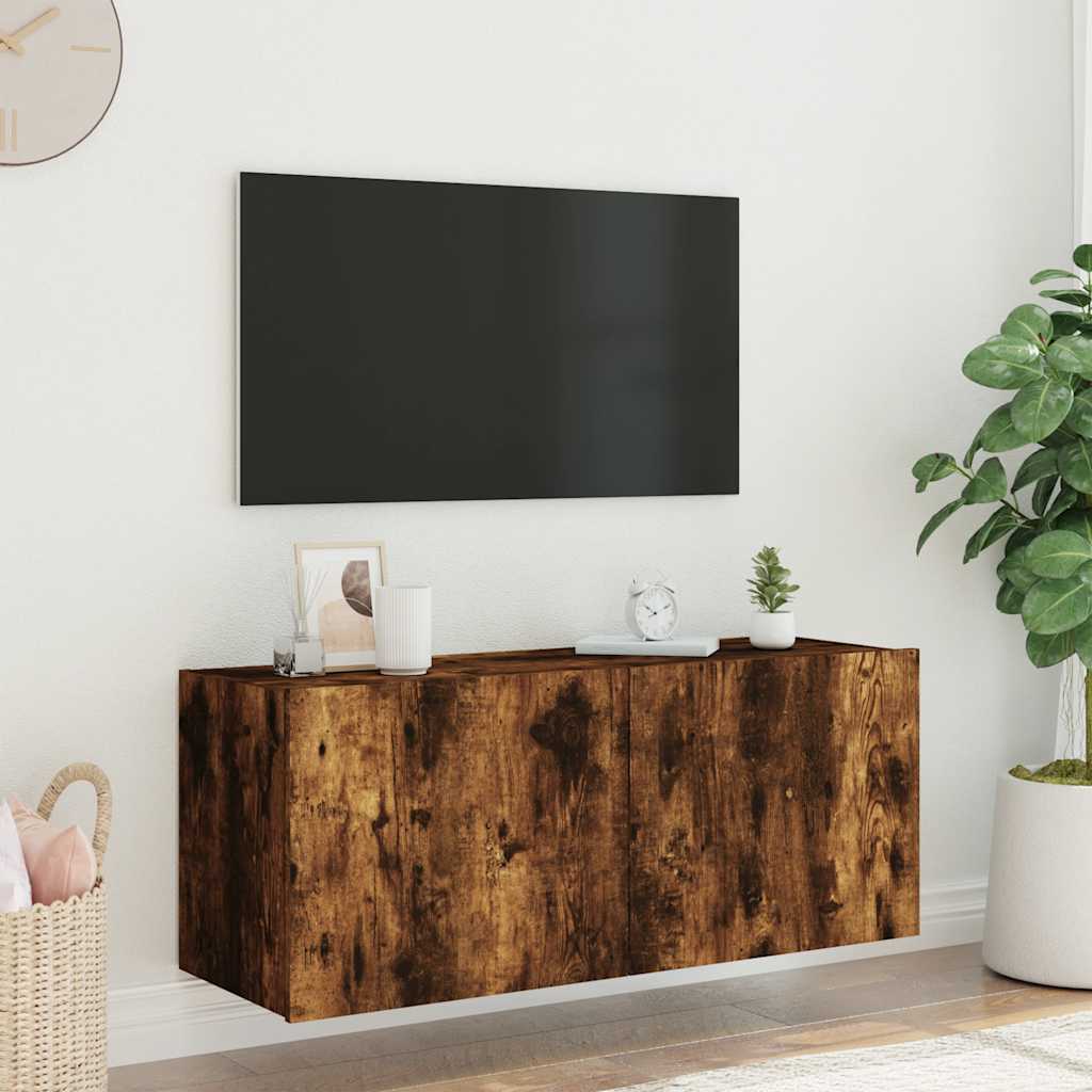vidaXL Ścienna szafka TV z LED, przydymiony dąb, 100x35x41 cm