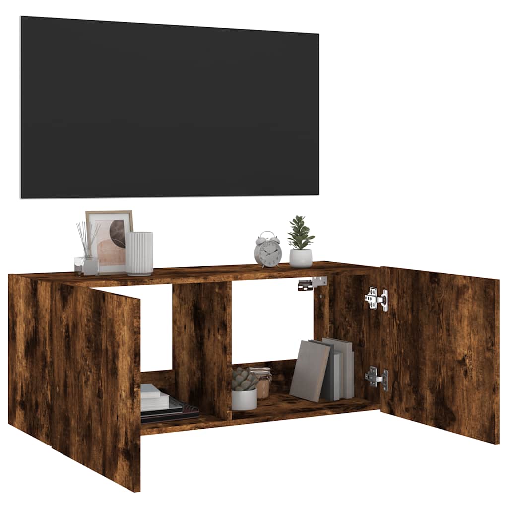 vidaXL Ścienna szafka TV z LED, przydymiony dąb, 100x35x41 cm