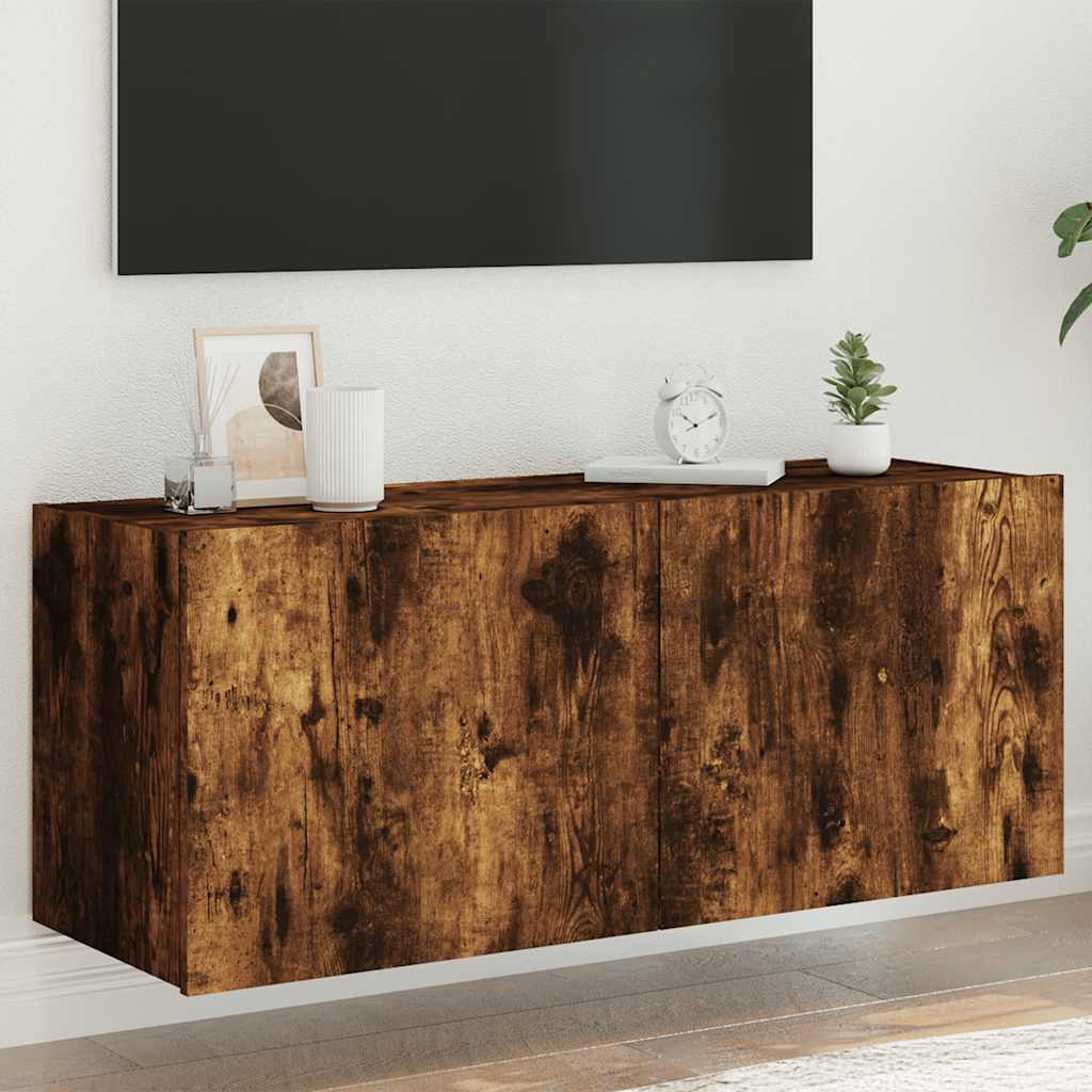 vidaXL Ścienna szafka TV z LED, przydymiony dąb, 100x35x41 cm