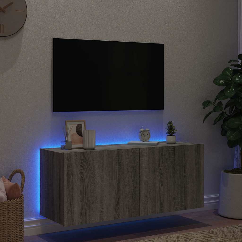 vidaXL Ścienna szafka TV z LED, szary dąb sonoma, 100x35x41 cm