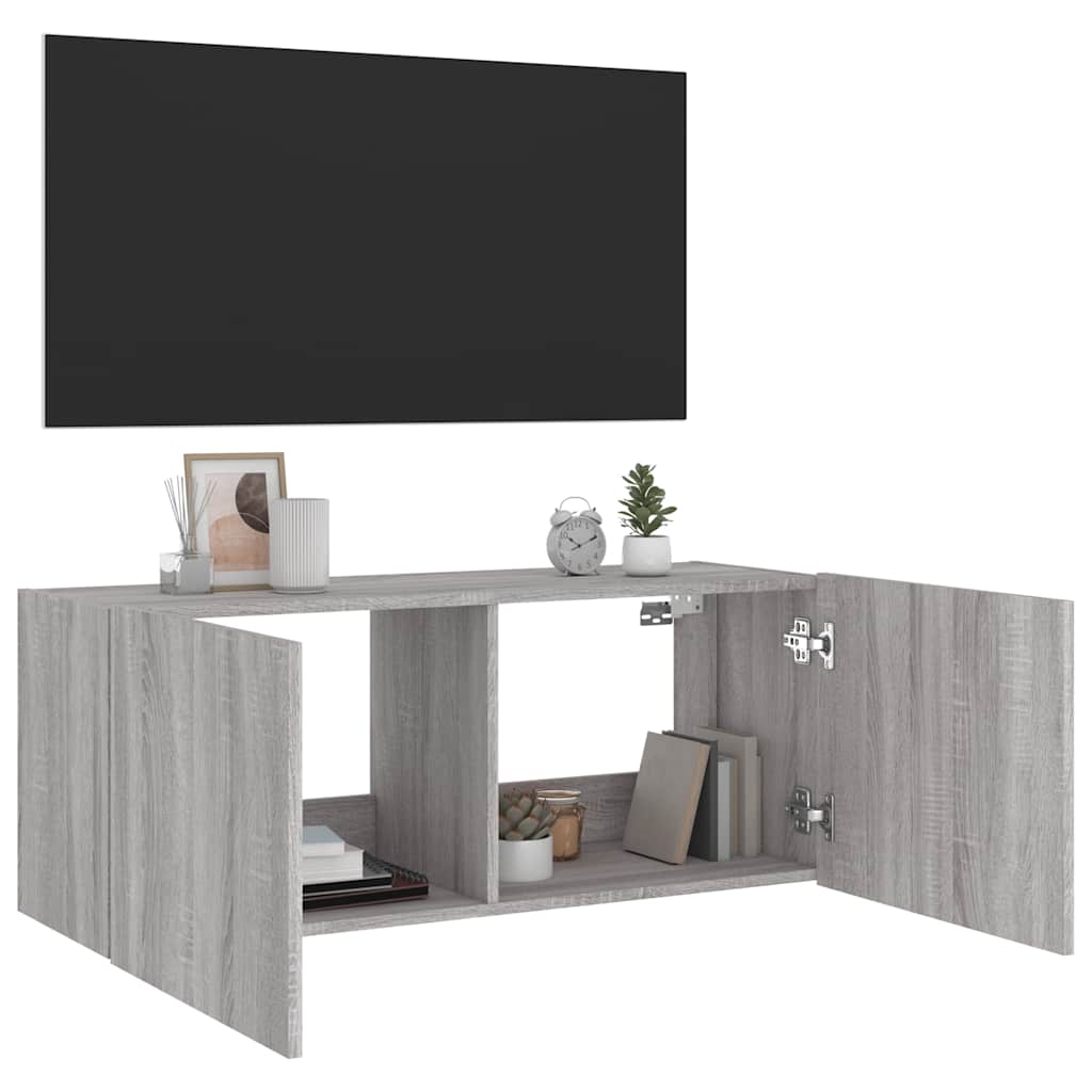 vidaXL Ścienna szafka TV z LED, szary dąb sonoma, 100x35x41 cm