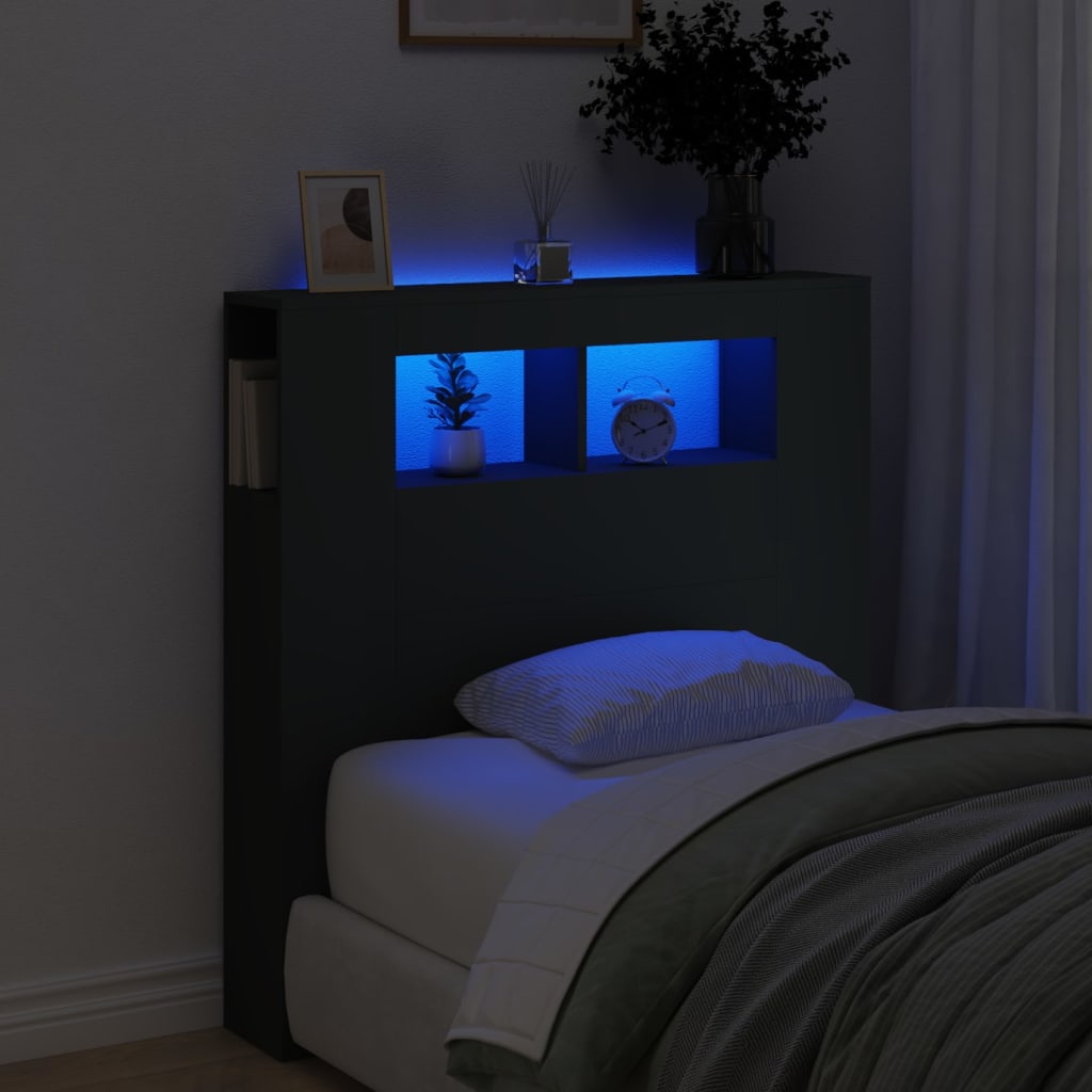 vidaXL Wezgłowie łóżka z LED, czarne, 100x18,5x103,5 cm