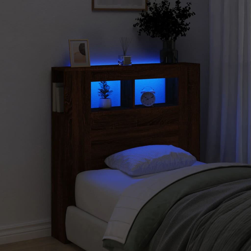 vidaXL Wezgłowie łóżka z LED, brązowy dąb, 100x18,5x103,5 cm