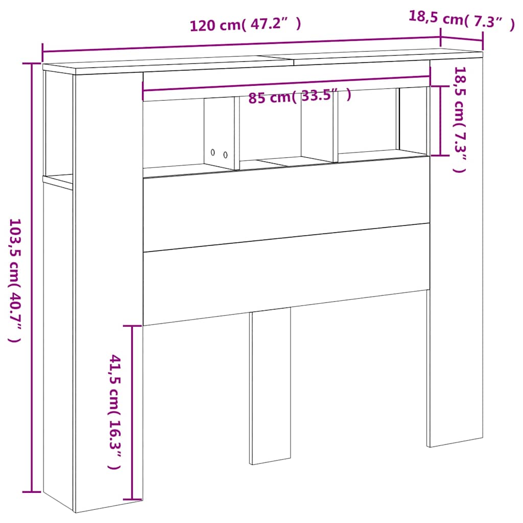 vidaXL Wezgłowie łóżka z LED, przydymiony dąb, 120x18,5x103,5 cm