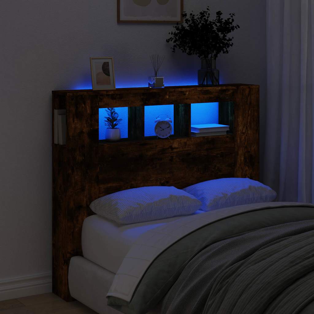 vidaXL Wezgłowie łóżka z LED, przydymiony dąb, 120x18,5x103,5 cm