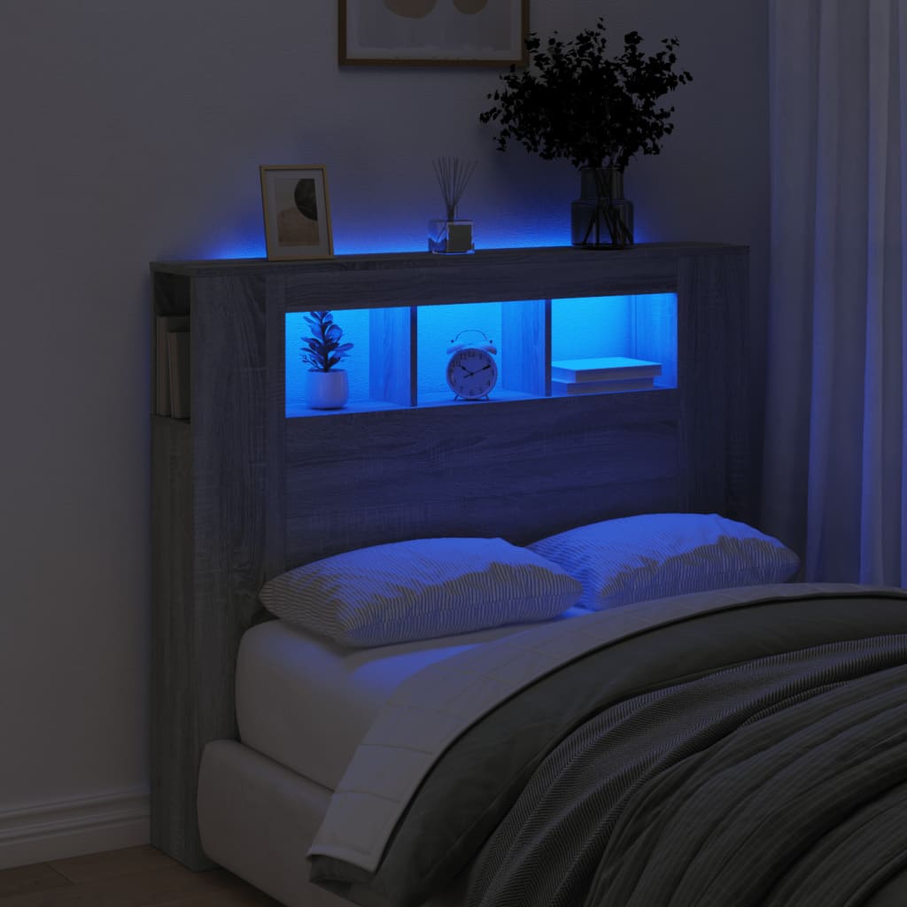 vidaXL Wezgłowie łóżka z LED, szary dąb sonoma, 120x18,5x103,5 cm