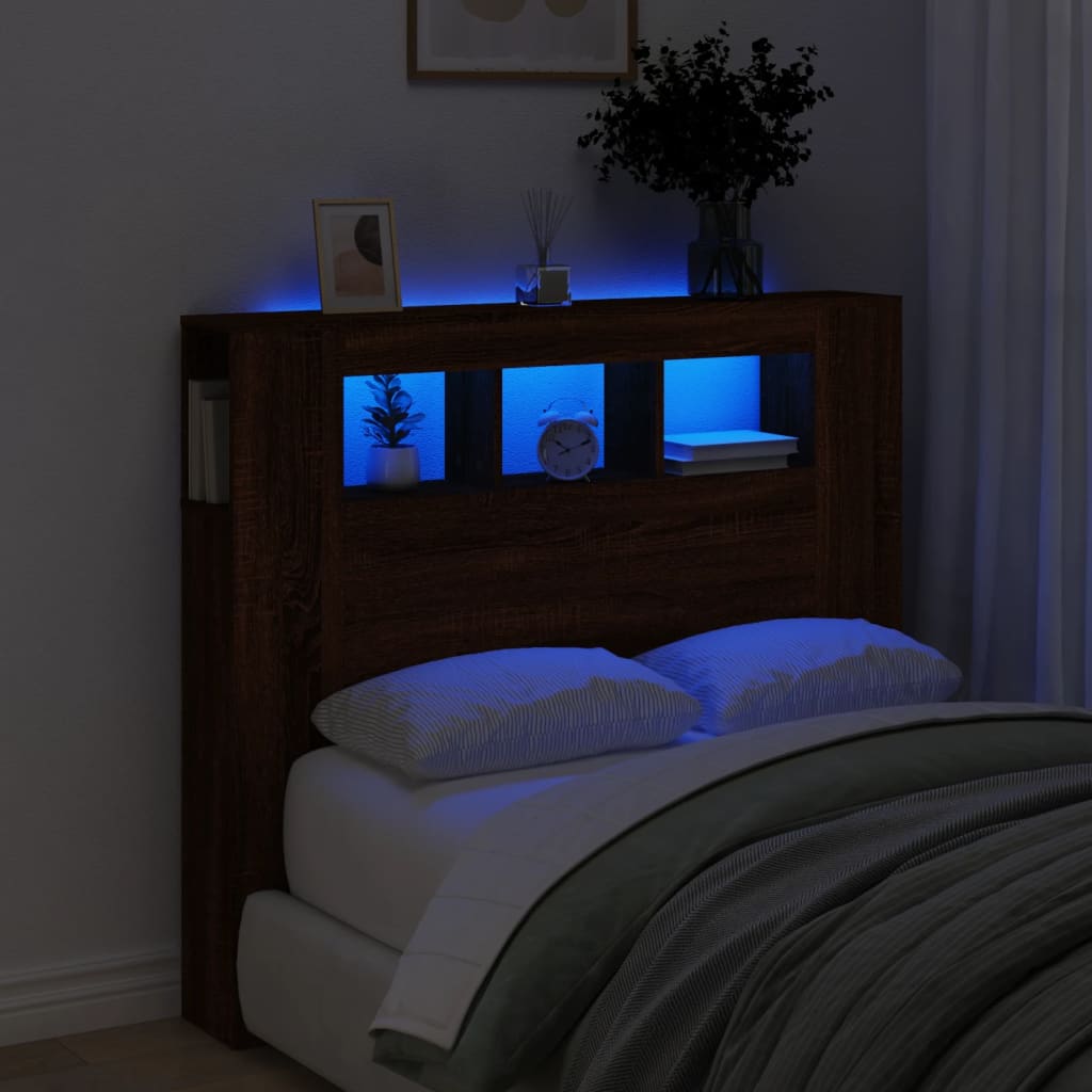 vidaXL Wezgłowie łóżka z LED, brązowy dąb, 120x18,5x103,5 cm