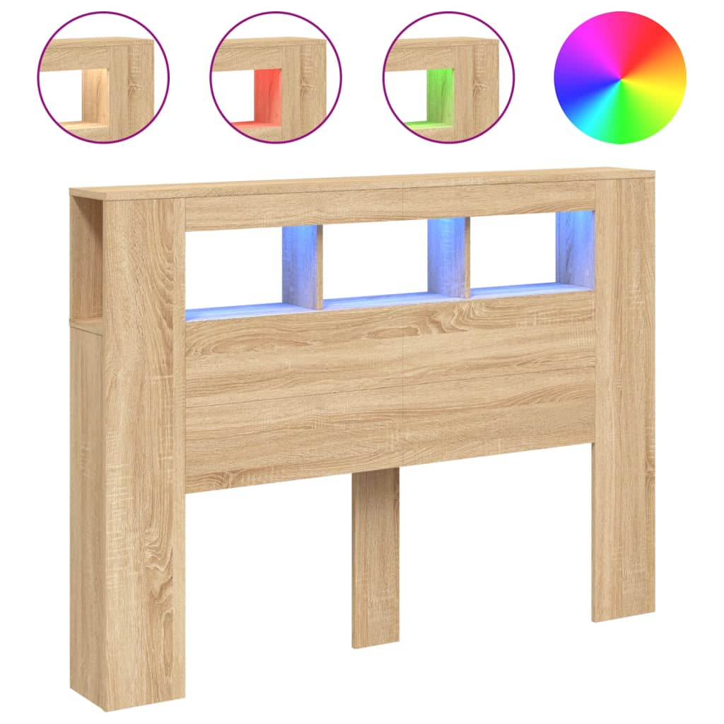 vidaXL Wezgłowie łóżka z LED, dąb sonoma, 140x18,5x103,5 cm