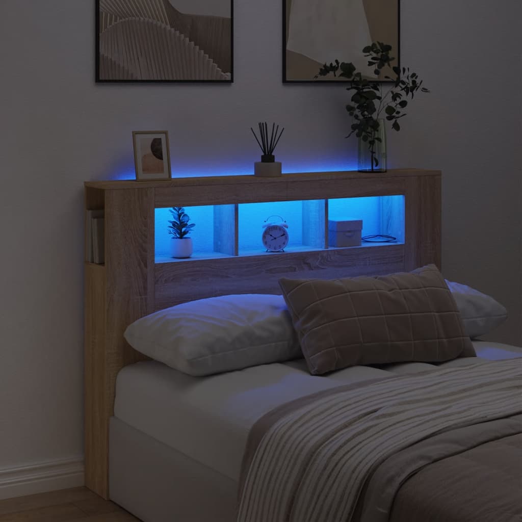 vidaXL Wezgłowie łóżka z LED, dąb sonoma, 140x18,5x103,5 cm