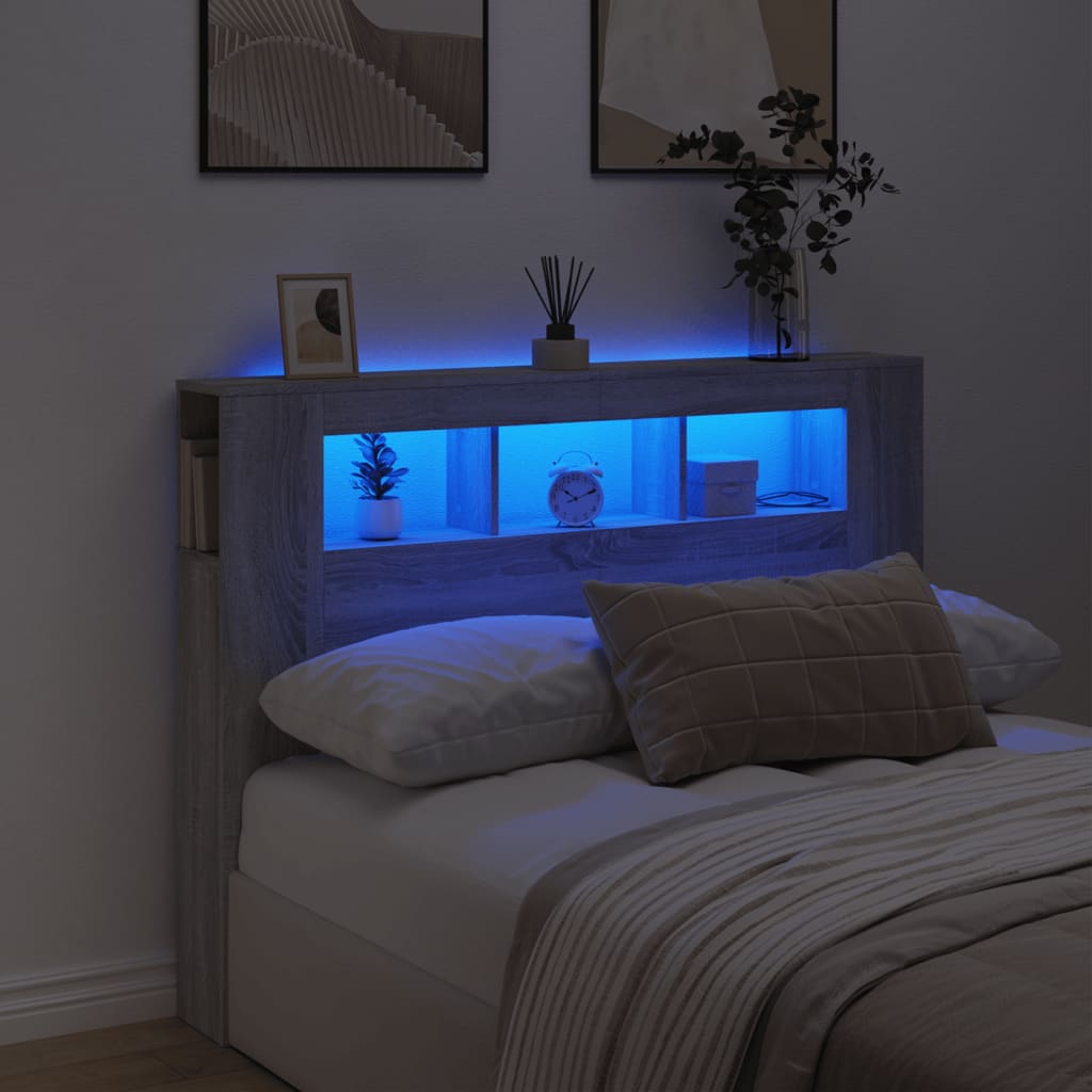 vidaXL Wezgłowie łóżka z LED, szary dąb sonoma, 140x18,5x103,5 cm