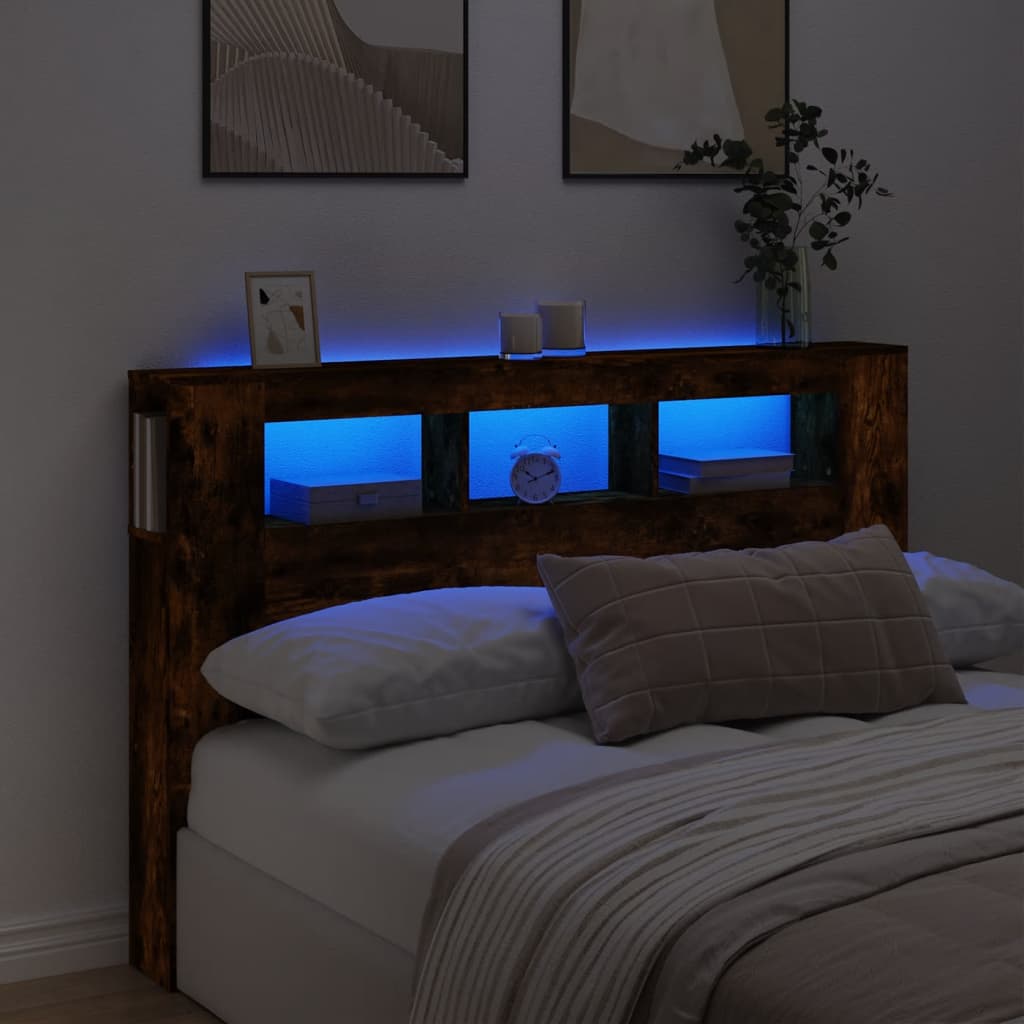 vidaXL Wezgłowie łóżka z LED, przydymiony dąb, 160x18,5x103,5 cm