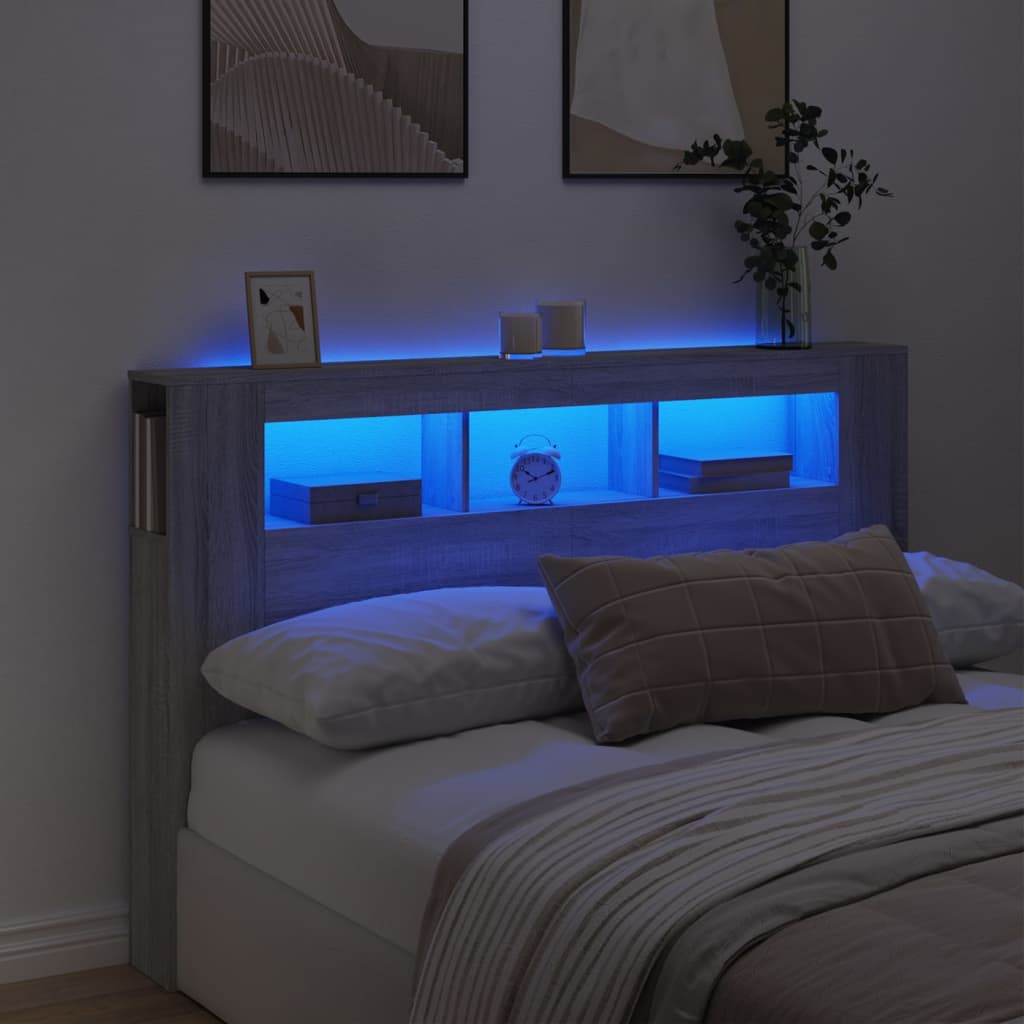 vidaXL Wezgłowie łóżka z LED, szary dąb sonoma, 160x18,5x103,5 cm
