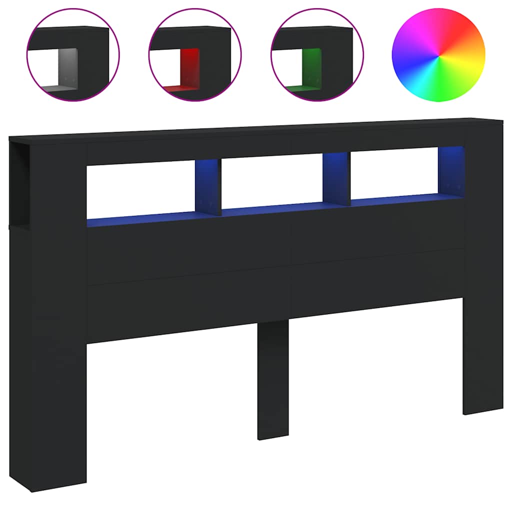 vidaXL Wezgłowie łóżka z LED, czarne, 180x18,5x103,5 cm
