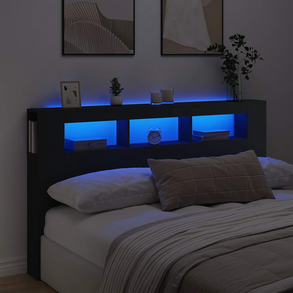 vidaXL Wezgłowie łóżka z LED, czarne, 180x18,5x103,5 cm