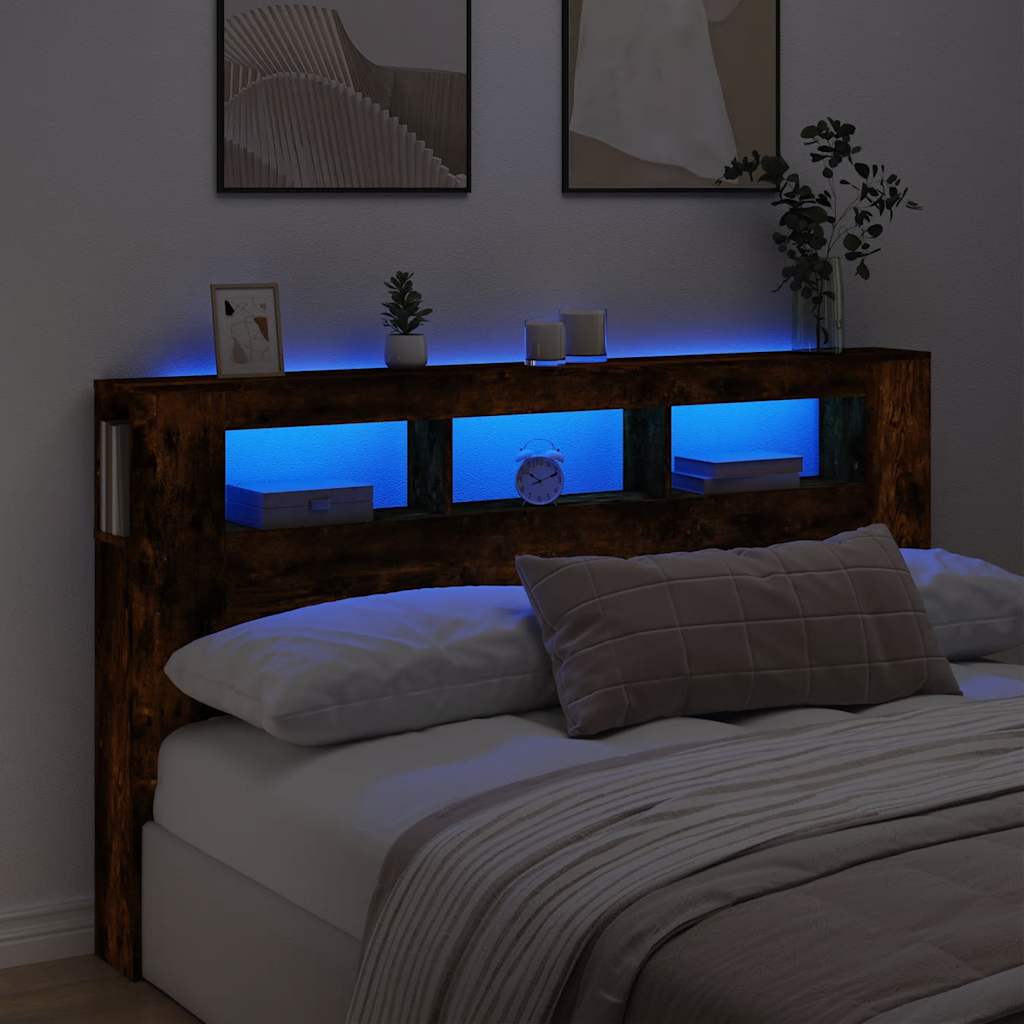 vidaXL Wezgłowie łóżka z LED, przydymiony dąb, 180x18,5x103,5 cm