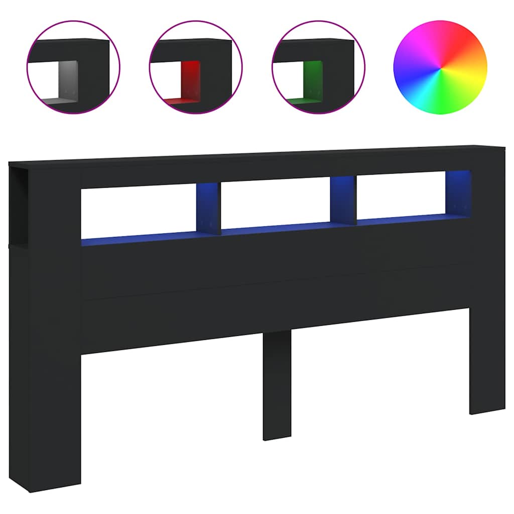 vidaXL Wezgłowie łóżka z LED, czarne, 200x18,5x103,5 cm
