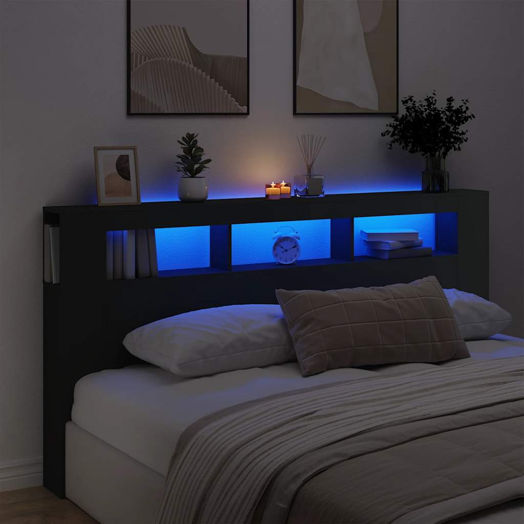 vidaXL Wezgłowie łóżka z LED, czarne, 200x18,5x103,5 cm