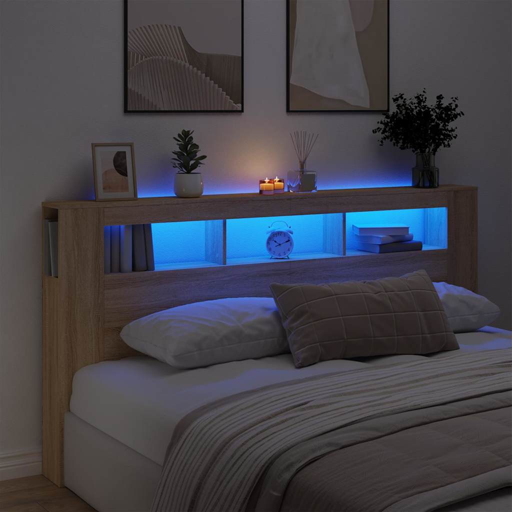 vidaXL Wezgłowie łóżka z LED, dąb sonoma, 200x18,5x103,5 cm