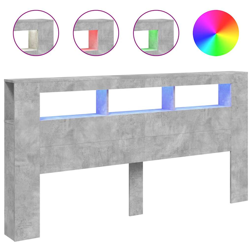vidaXL Wezgłowie łóżka z LED, szarość betonu, 200x18,5x103,5 cm