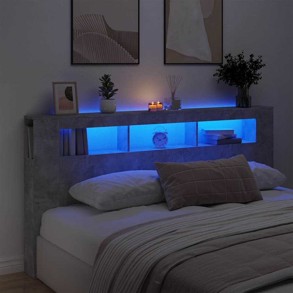 vidaXL Wezgłowie łóżka z LED, szarość betonu, 200x18,5x103,5 cm