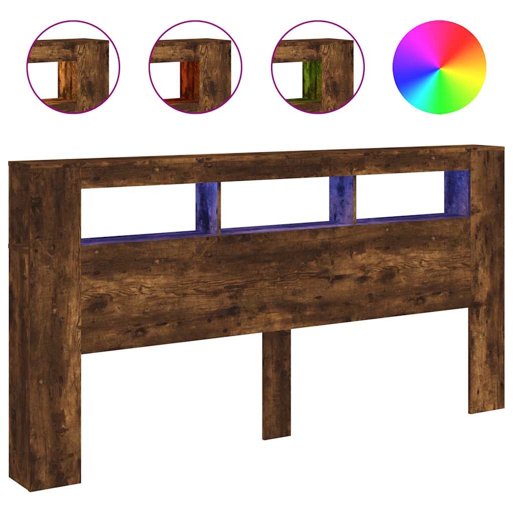 vidaXL Wezgłowie łóżka z LED, przydymiony dąb, 200x18,5x103,5 cm