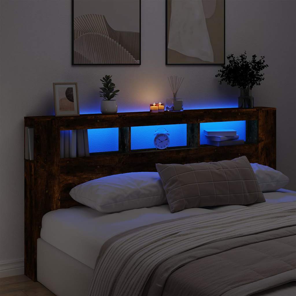 vidaXL Wezgłowie łóżka z LED, przydymiony dąb, 200x18,5x103,5 cm