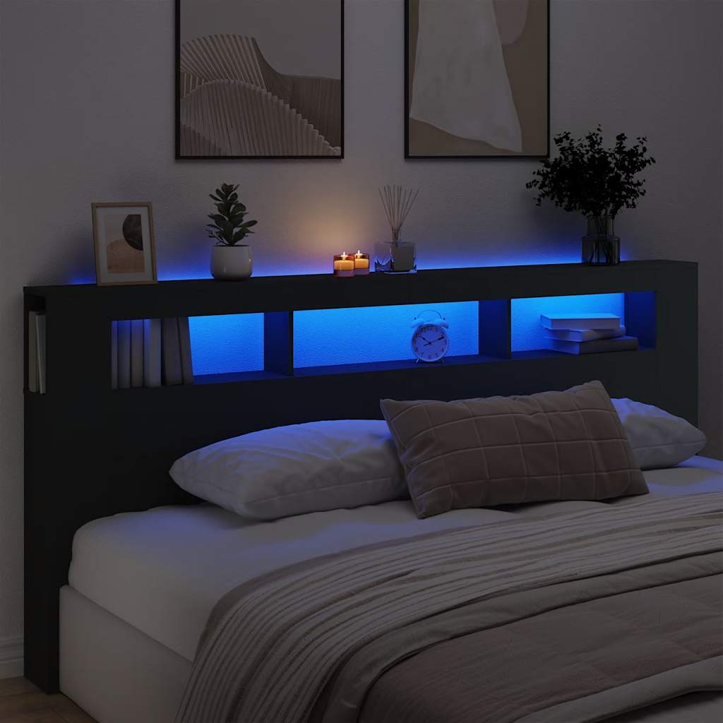 vidaXL Wezgłowie łóżka z LED, czarne, 220x18,5x103,5 cm