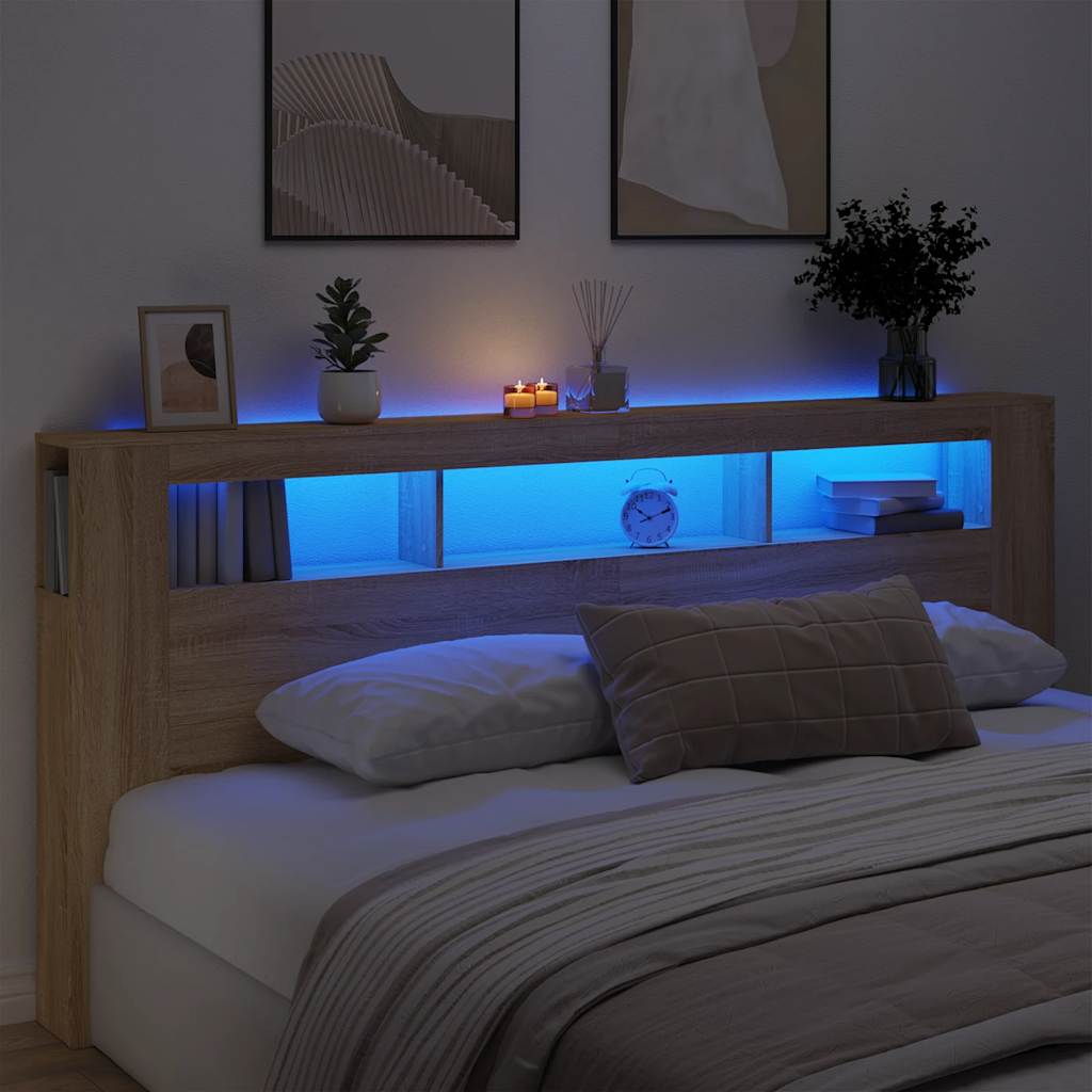 vidaXL Wezgłowie łóżka z LED, dąb sonoma, 220x18,5x103,5 cm