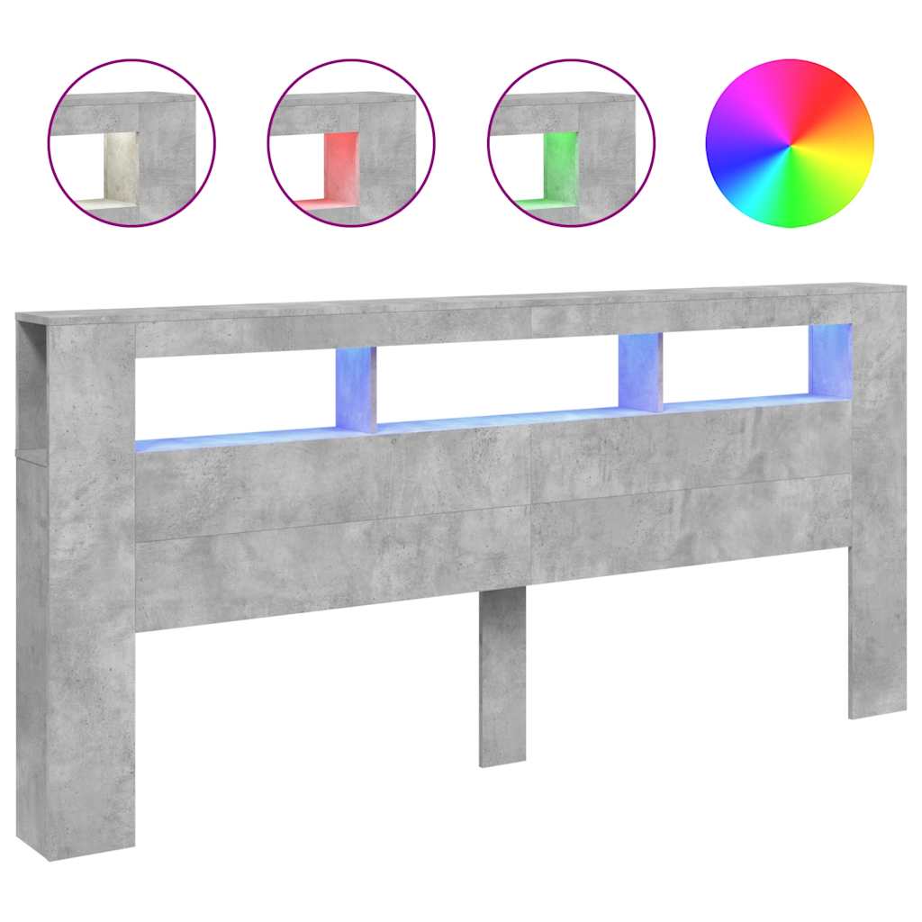 vidaXL Wezgłowie łóżka z LED, szarość betonu, 220x18,5x103,5 cm