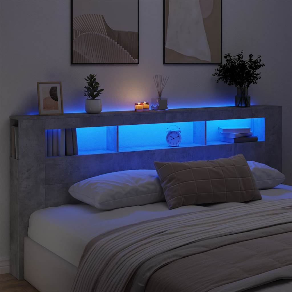 vidaXL Wezgłowie łóżka z LED, szarość betonu, 220x18,5x103,5 cm