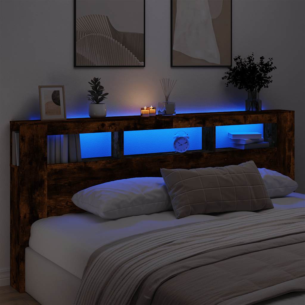 vidaXL Wezgłowie łóżka z LED, przydymiony dąb, 220x18,5x103,5 cm