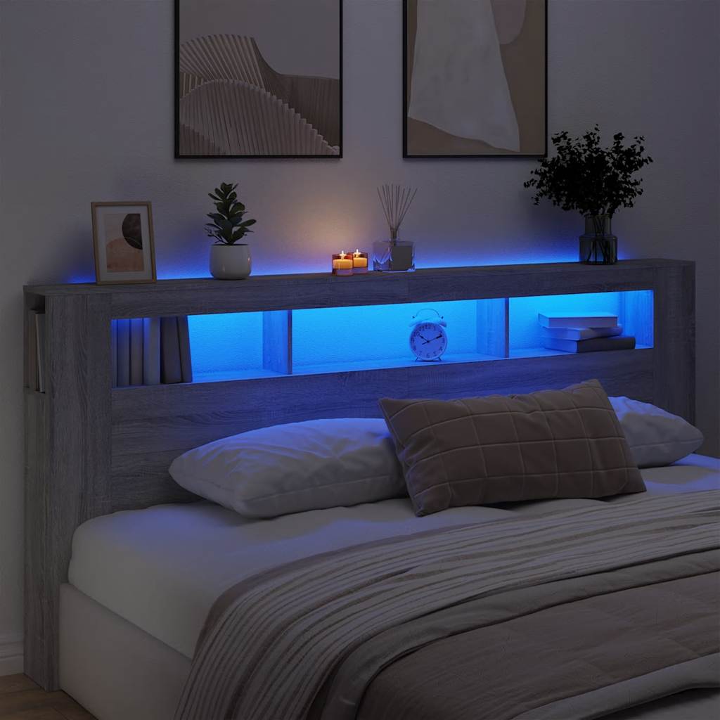 vidaXL Wezgłowie łóżka z LED, szary dąb sonoma, 220x18,5x103,5 cm