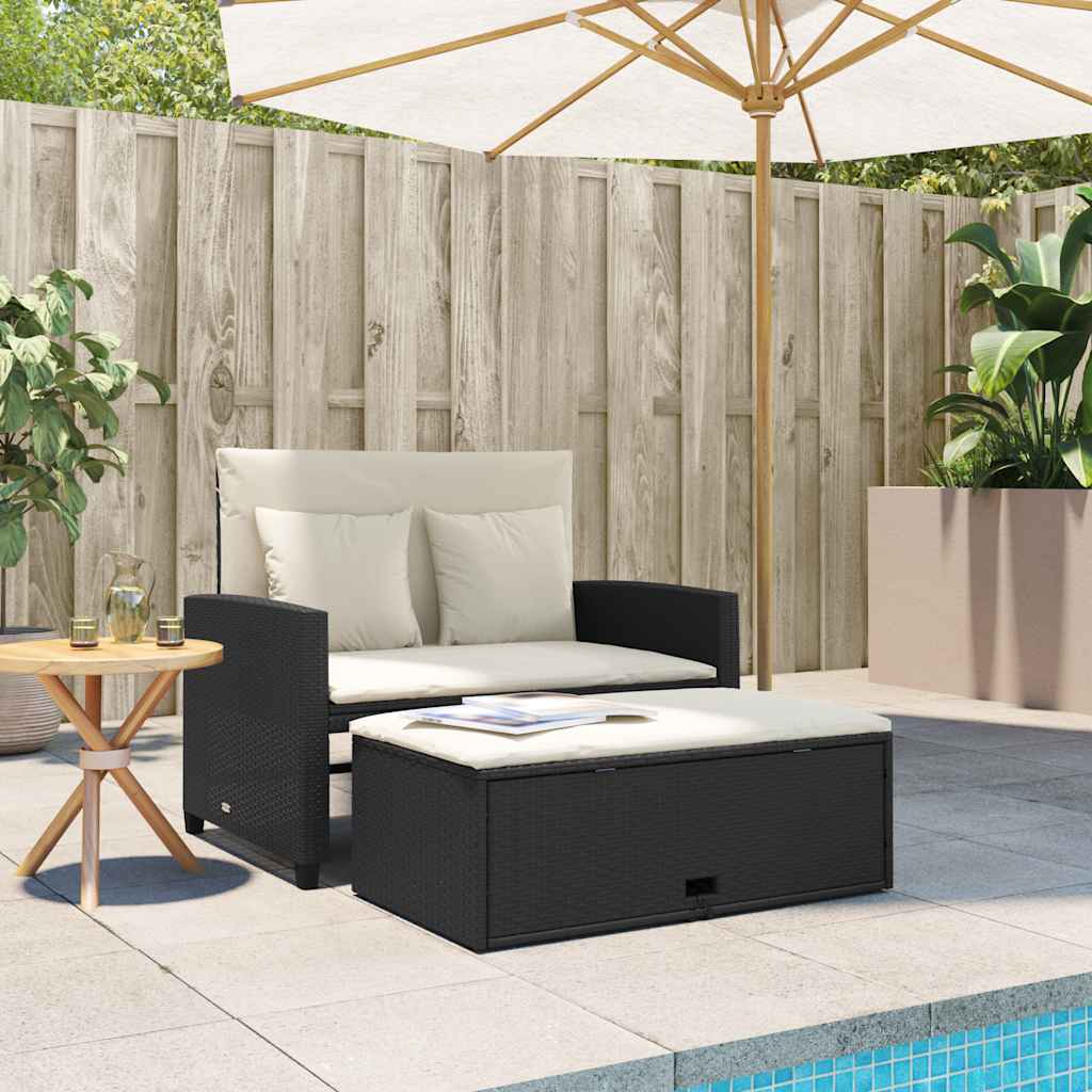 vidaXL Sofa ogrodowa z poduszkami, 2-osobowa, czarna, polirattan