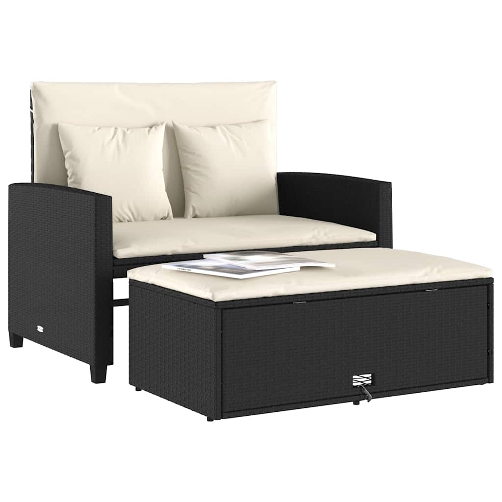 vidaXL Sofa ogrodowa z poduszkami, 2-osobowa, czarna, polirattan