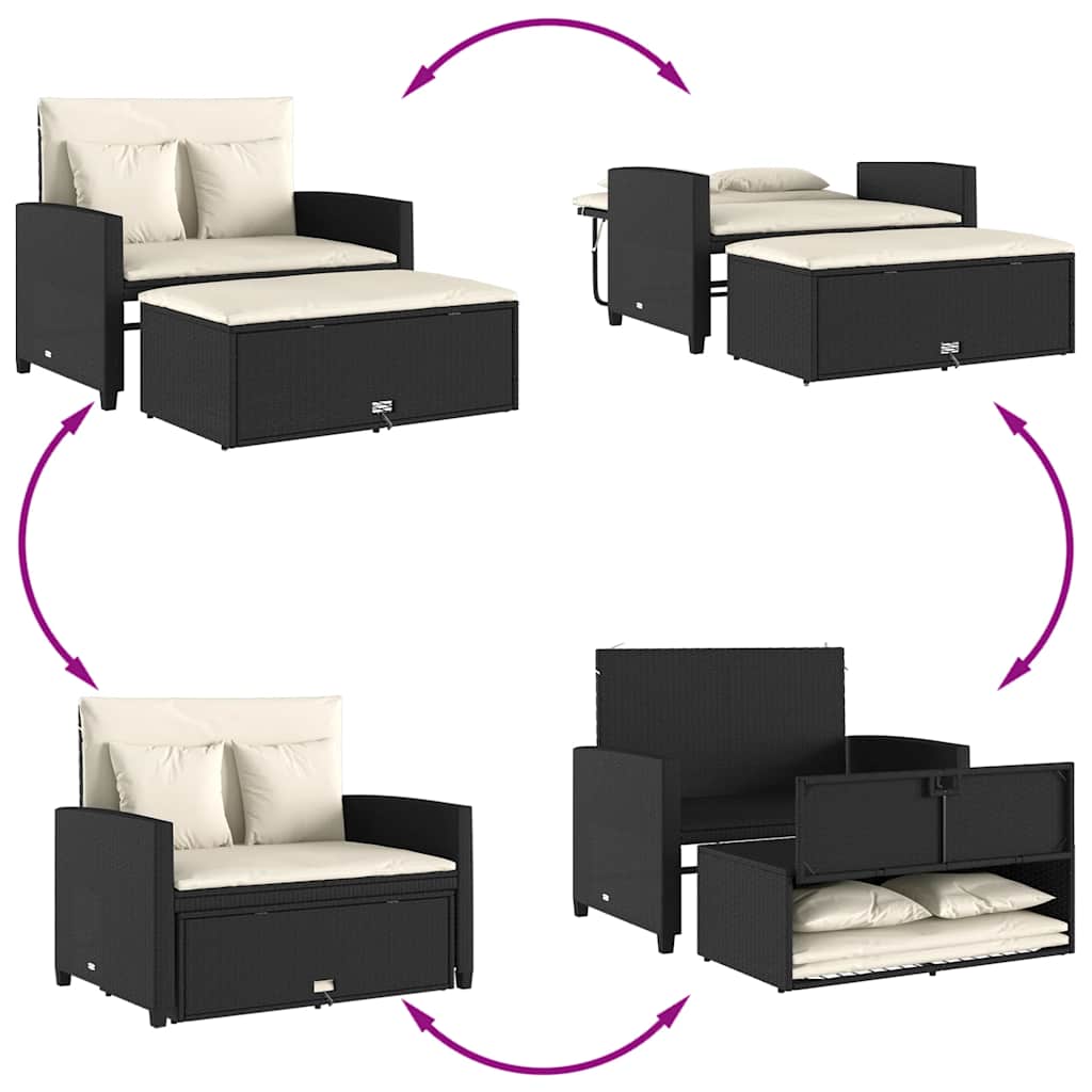 vidaXL Sofa ogrodowa z poduszkami, 2-osobowa, czarna, polirattan