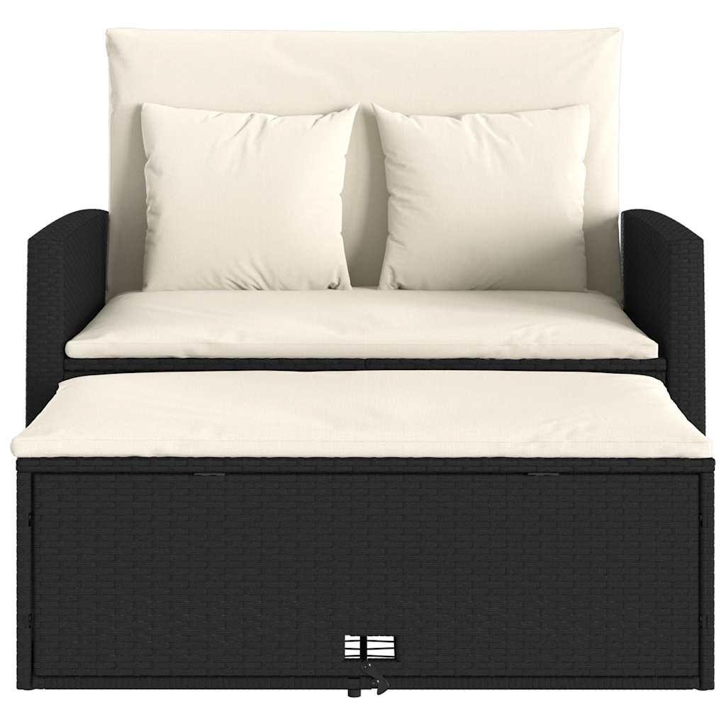 vidaXL Sofa ogrodowa z poduszkami, 2-osobowa, czarna, polirattan