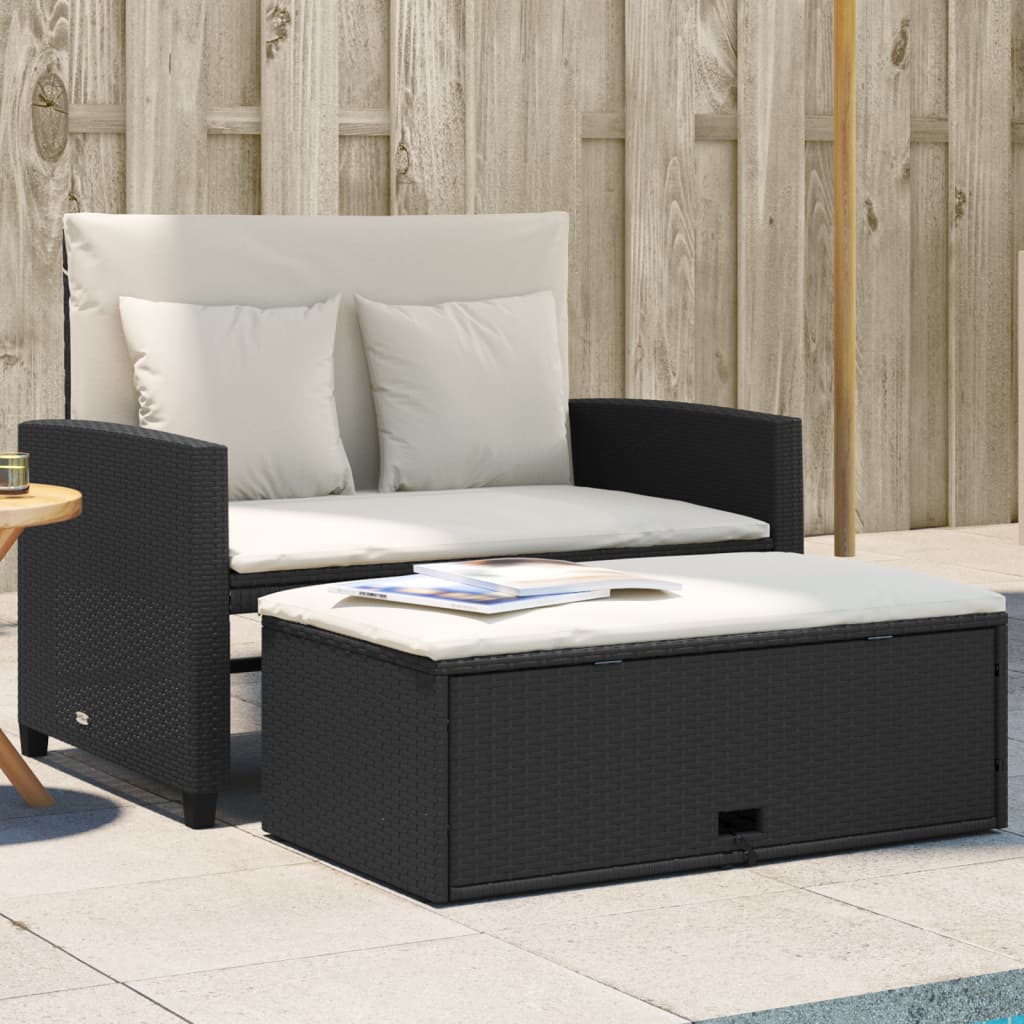 vidaXL Sofa ogrodowa z poduszkami, 2-osobowa, czarna, polirattan