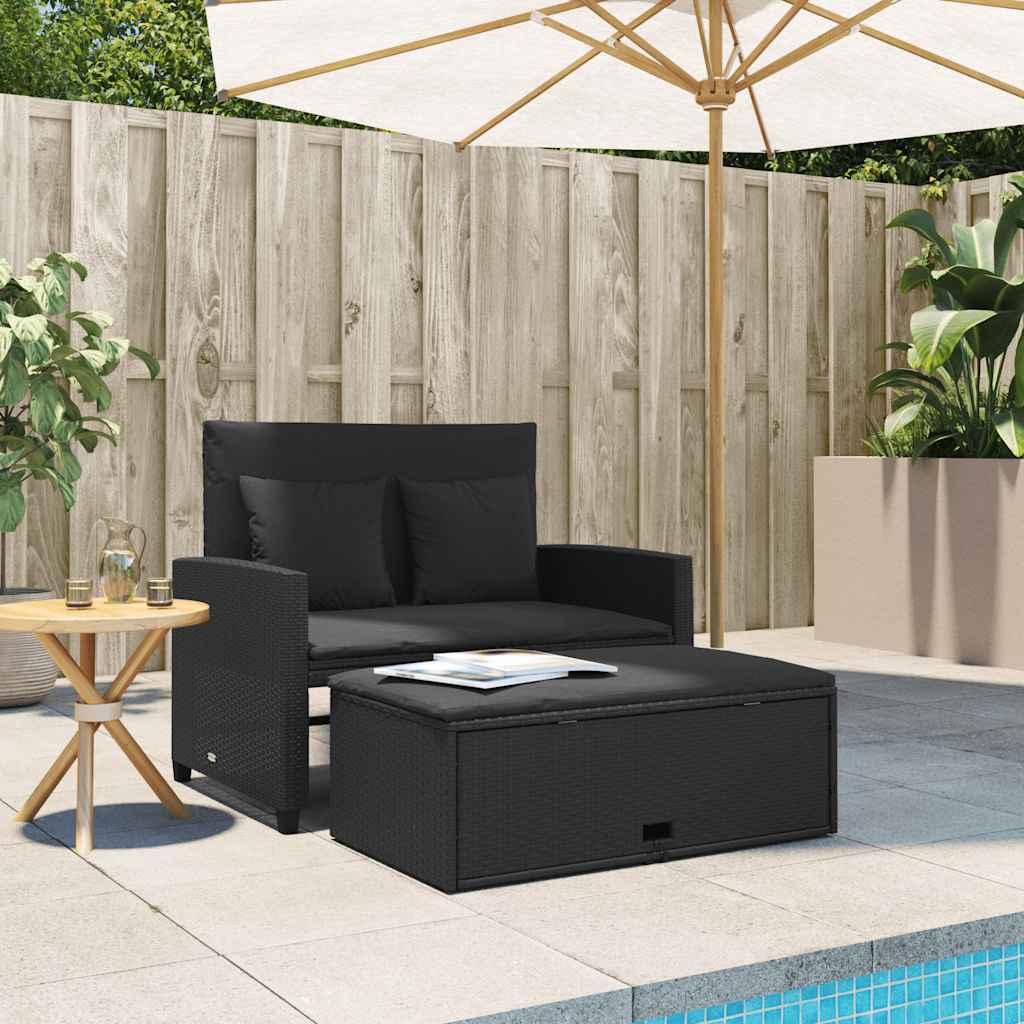 vidaXL Sofa ogrodowa z poduszkami, 2-osobowa, czarna, polirattan