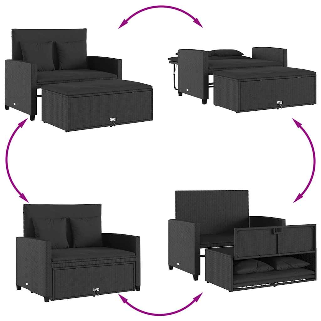 vidaXL Sofa ogrodowa z poduszkami, 2-osobowa, czarna, polirattan
