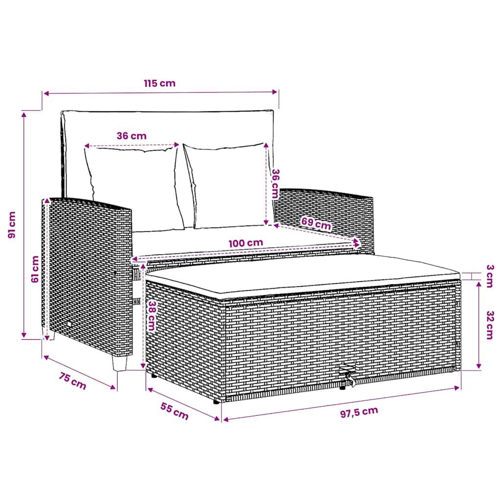 vidaXL Sofa ogrodowa z poduszkami, 2-osobowa, czarna, polirattan