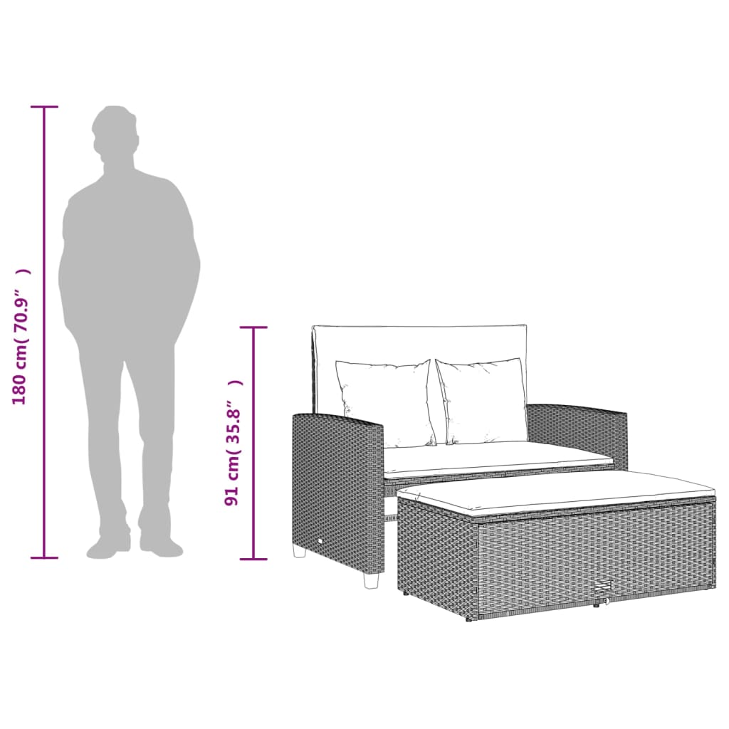 vidaXL Sofa ogrodowa z poduszkami, 2-osobowa, jasnoszara, polirattan
