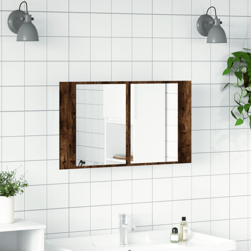 vidaXL Szafka łazienkowa z lustrem i LED, opalany dąb, 80x12x45, akryl